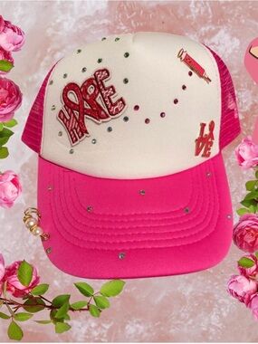 Breast Cancer Pink & White Embellished Trucker Hat